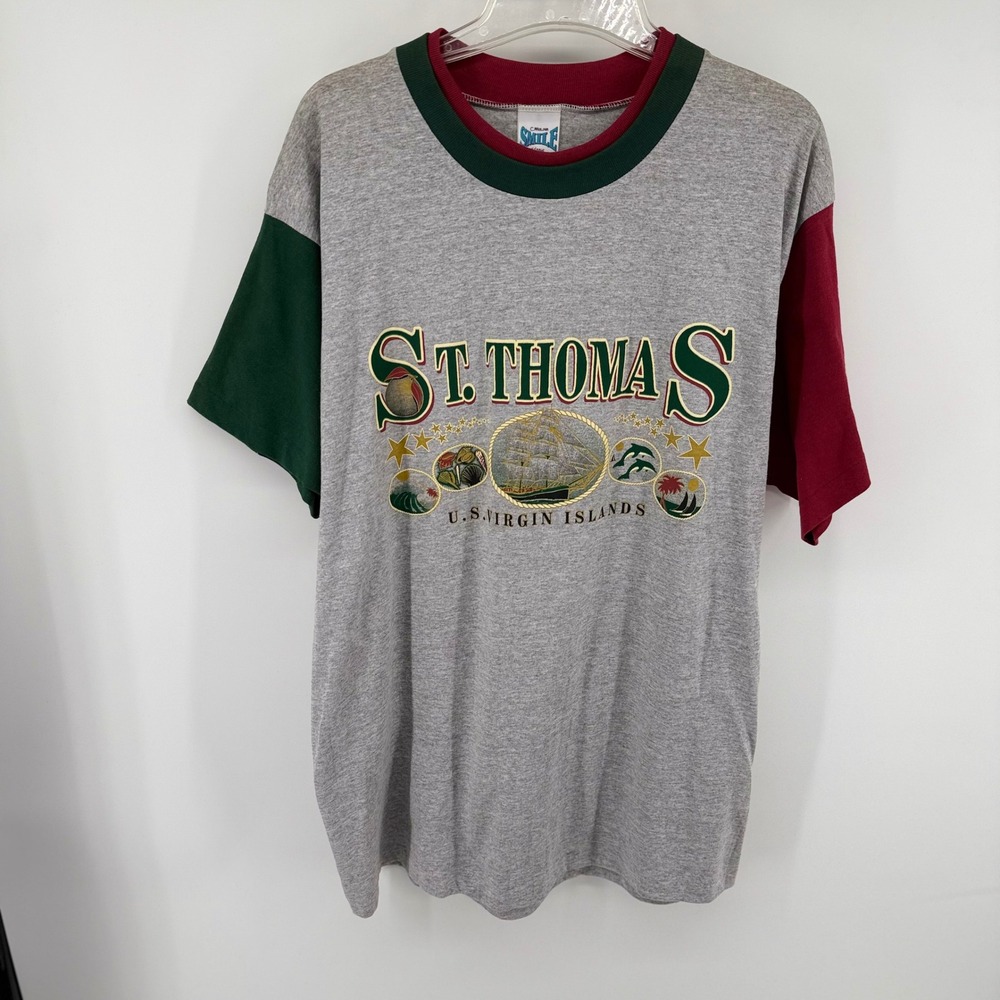 Vintage Single Stitch St Thomas US Virgin Islands Ringer T Shirt XL Made USA 90s
